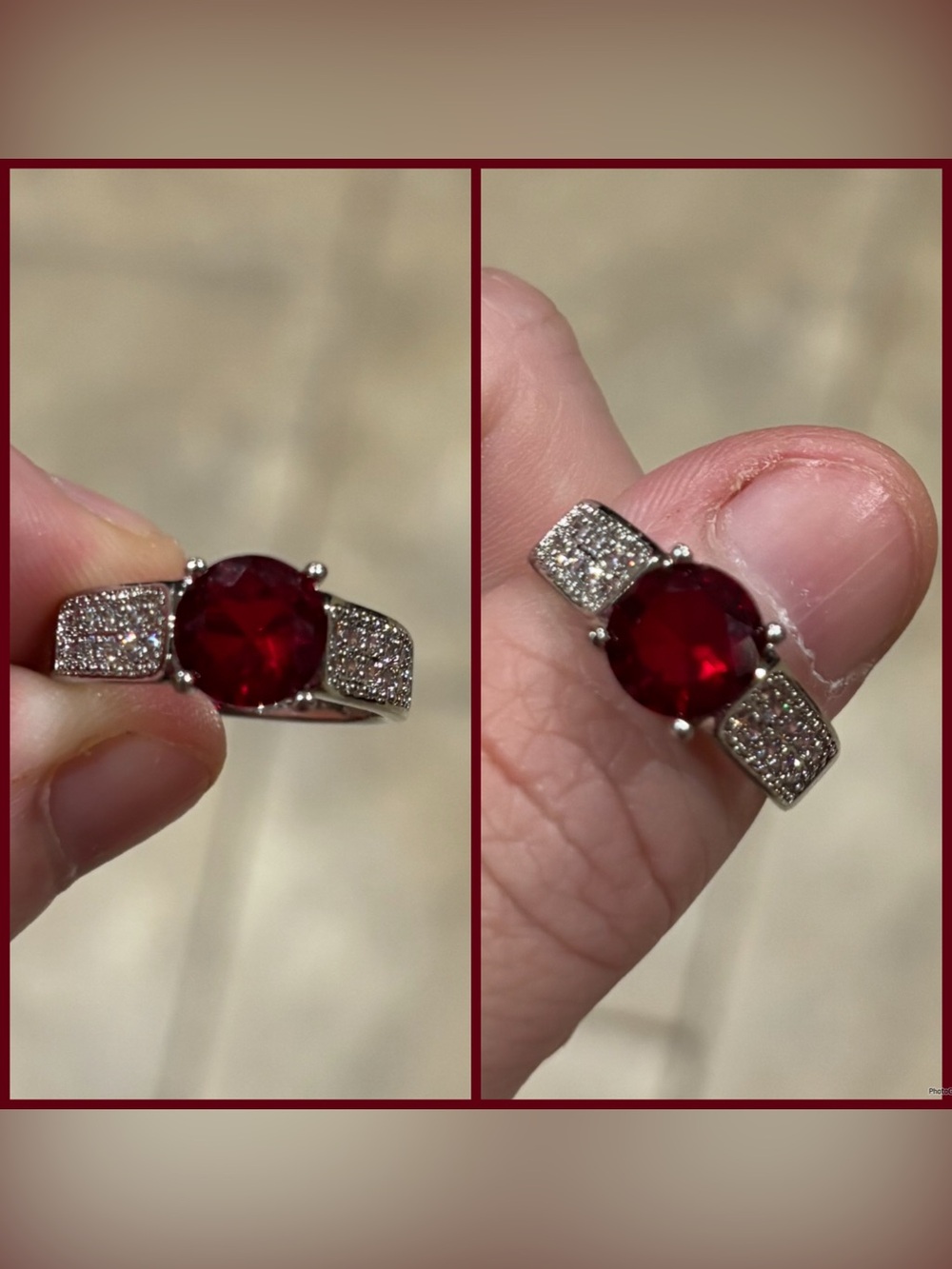 Deep Red Center Stone and Pavé Accents Silver Adjustable 6-10 Ring